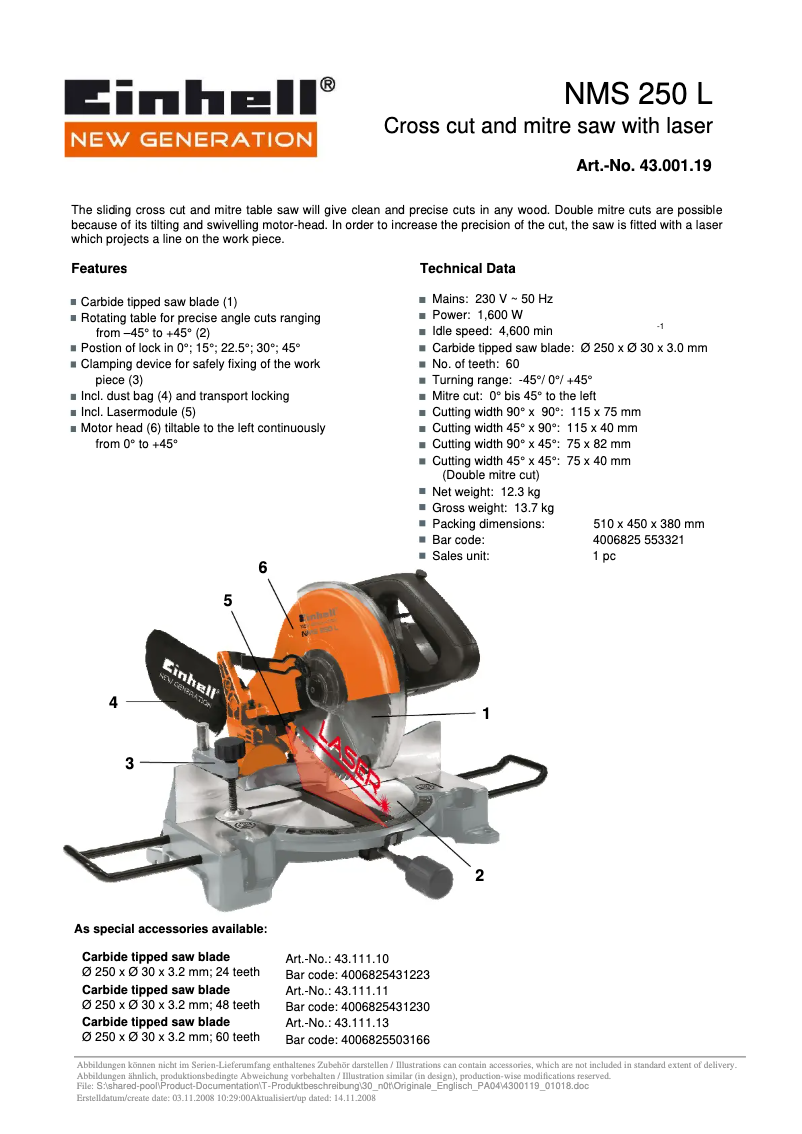 Page n°1 - Manuel utilisateur Einhell NMS 250 L