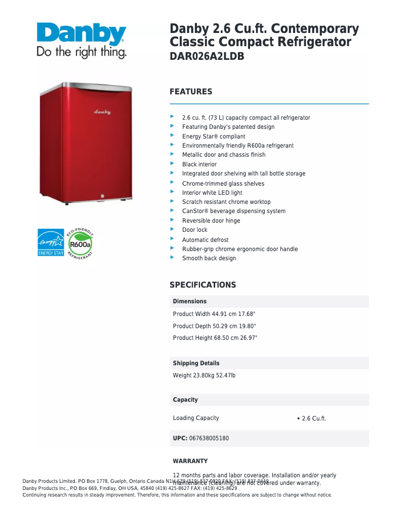 Página 1 del manual Ficha técnica Danby DAR026A2LDB