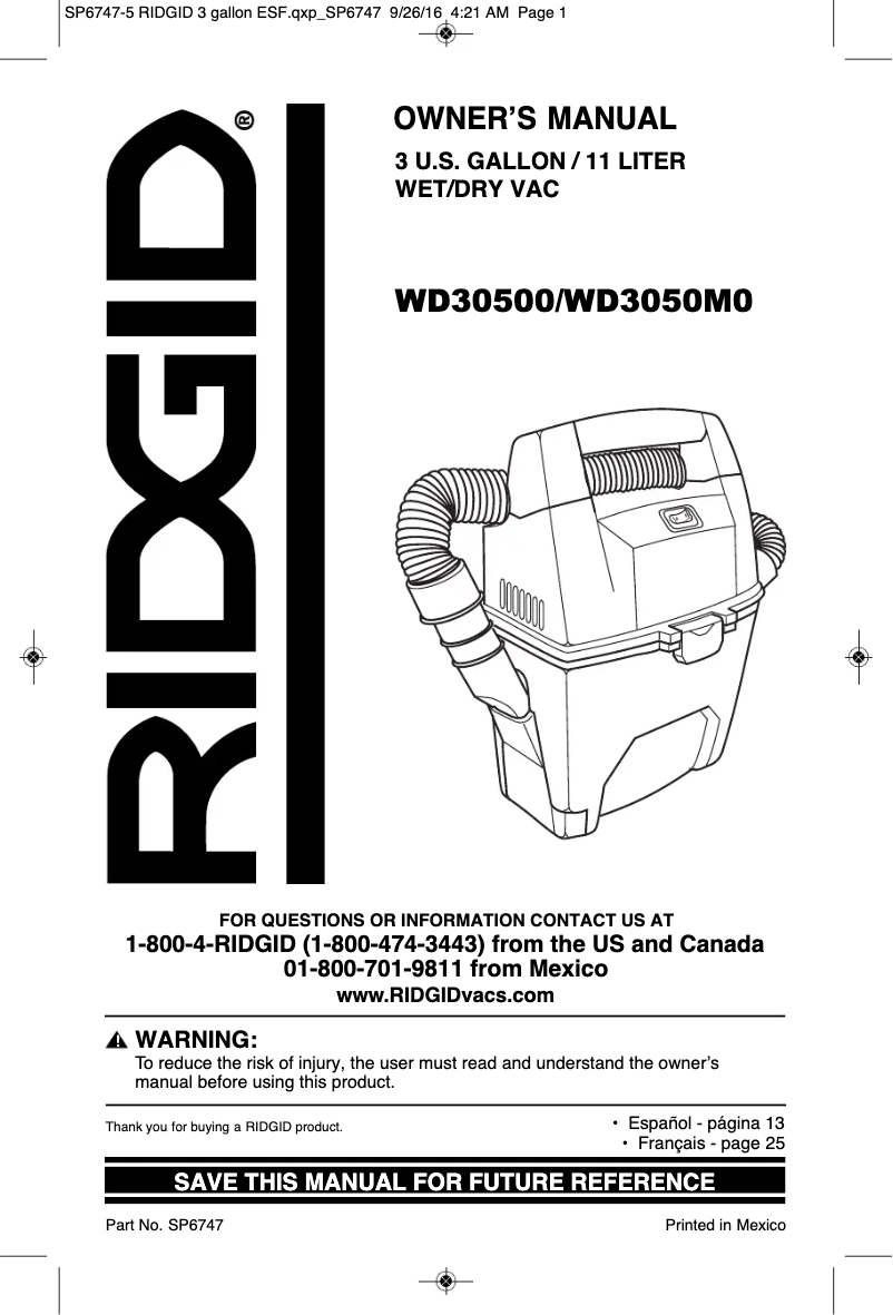 Page 1 de la notice Manuel utilisateur Ridgid WD3050M
