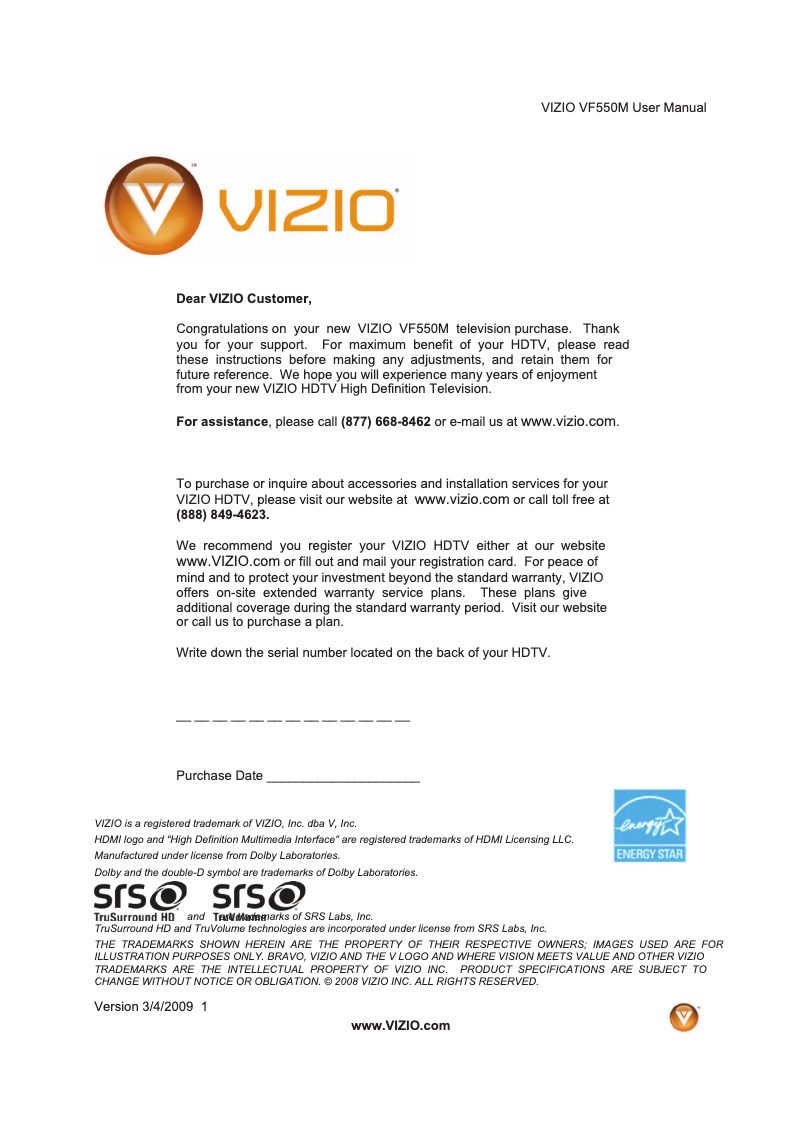 Page 1 de la notice Manuel utilisateur VIZIO VF550M