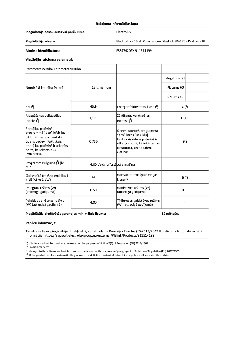 Page 1 de la notice Fiche technique Electrolux ESS47420SX