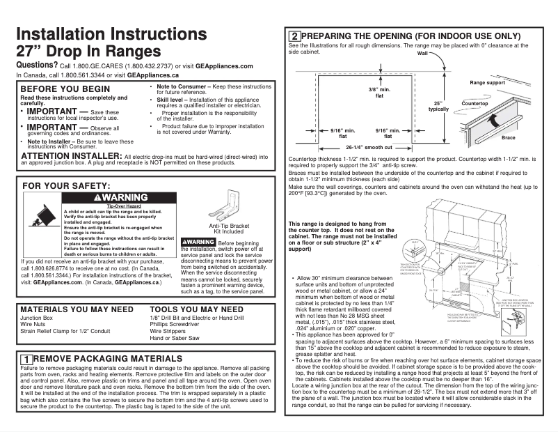 Page 1 of the manual Installation Guide GE JM250DFBB
