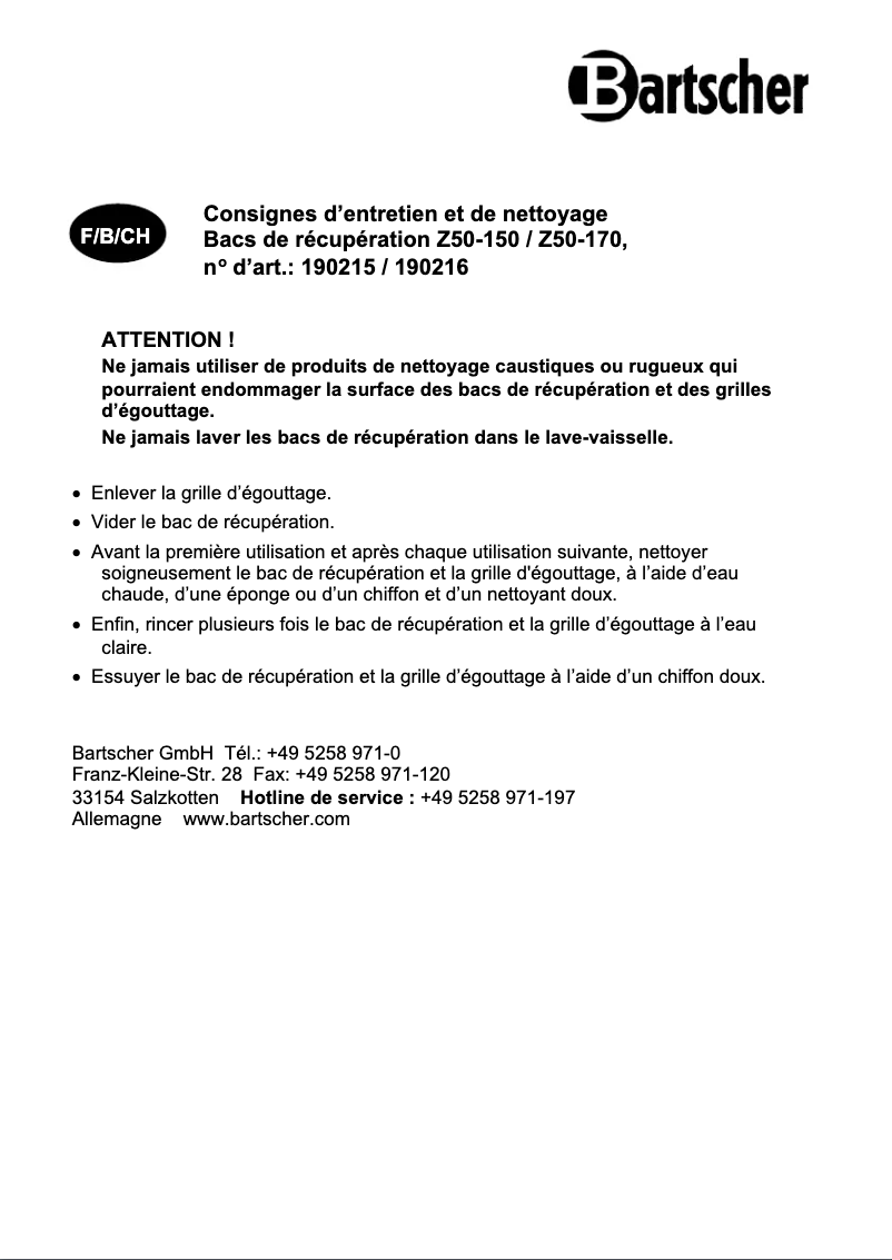 Page n°1 - Manuel utilisateur Bartscher Z50-150