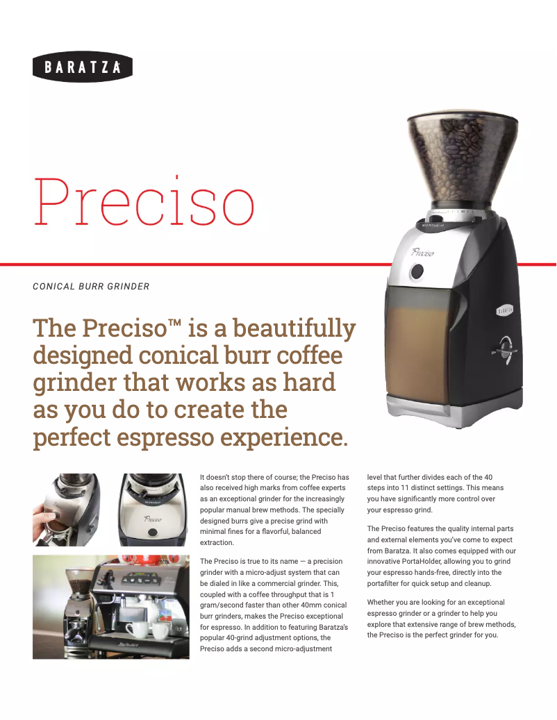 Page 1 de la notice Fiche technique Baratza Preciso