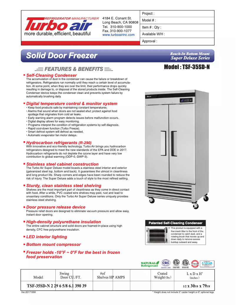 Page 1 de la notice Fiche technique Turbo air TSF-35SD