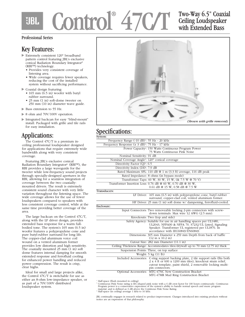 Page 1 de la notice Brochure JBL Control 47C/T