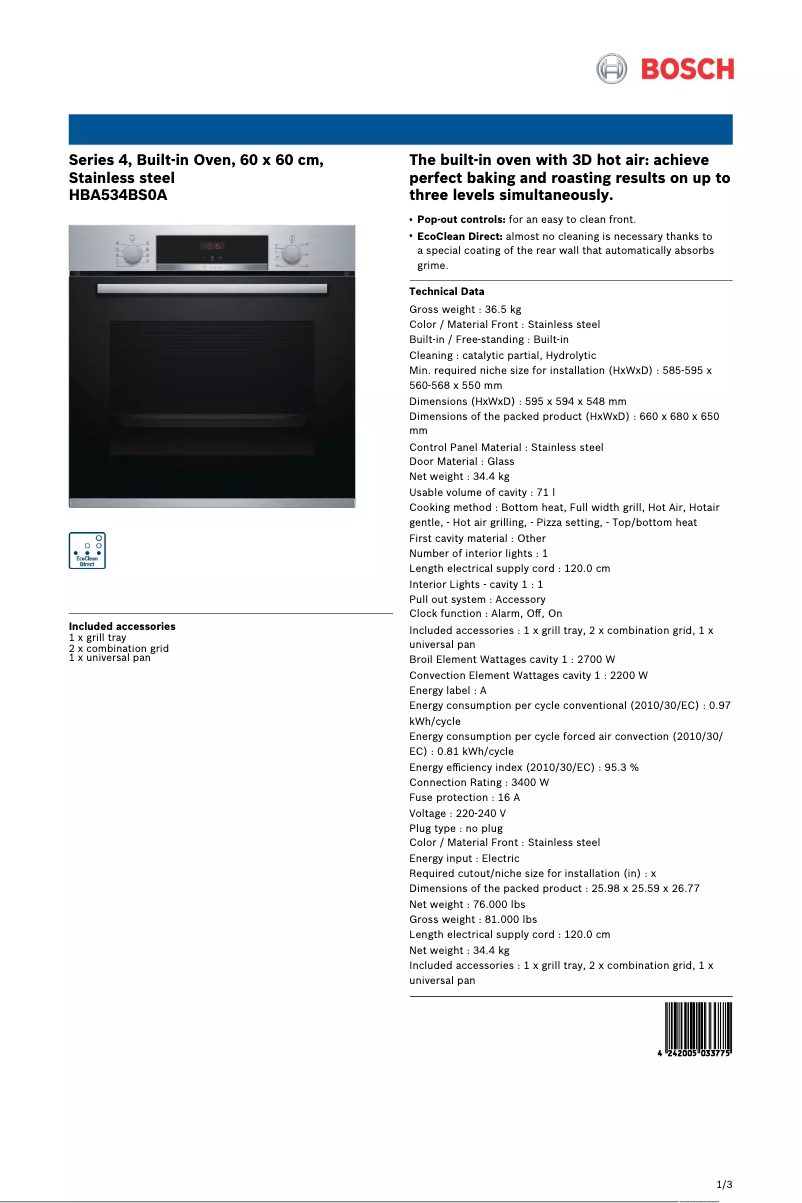 Page n°1 - Fiche technique Bosch HBA534BS0A