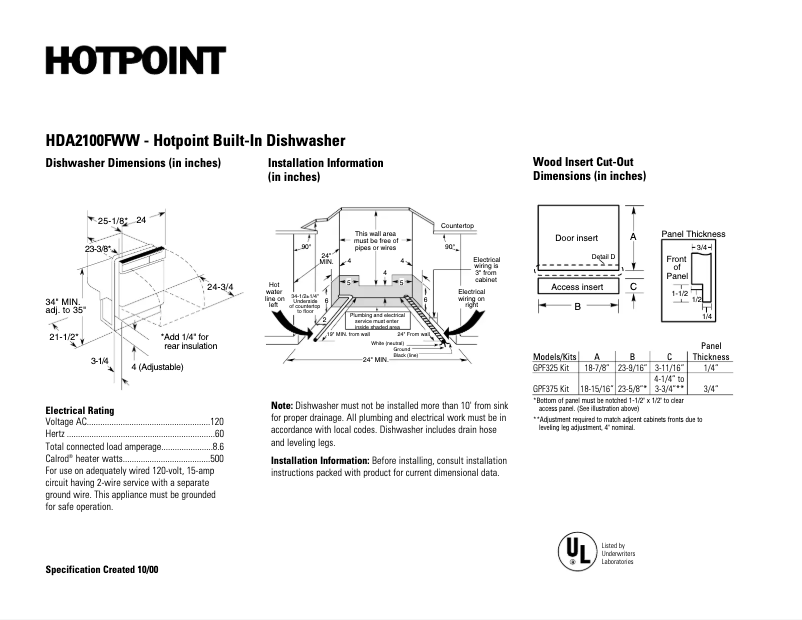 Page 1 de la notice Fiche technique Hotpoint HDA2100FWW