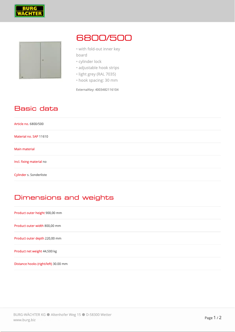 Página 1 del manual Ficha técnica Burg Wächter 6800/300