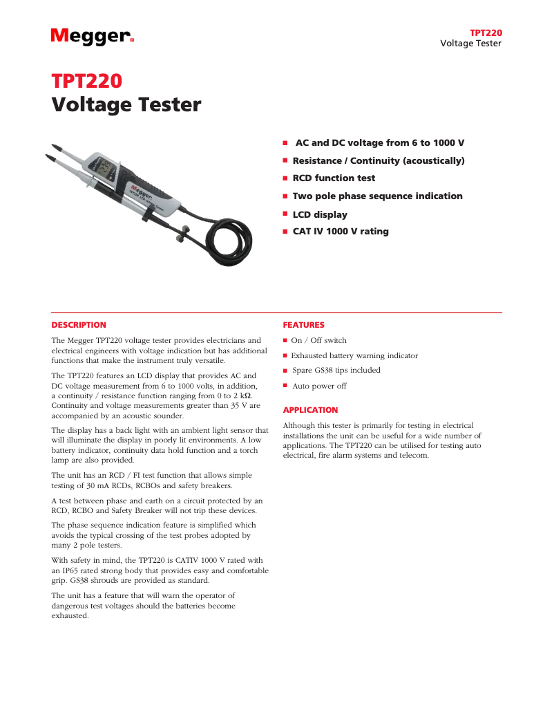 Page 1 de la notice Fiche technique Megger TPT220