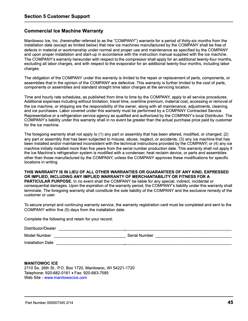 Page n°1 - Informations de garantie Manitowoc SFA-191