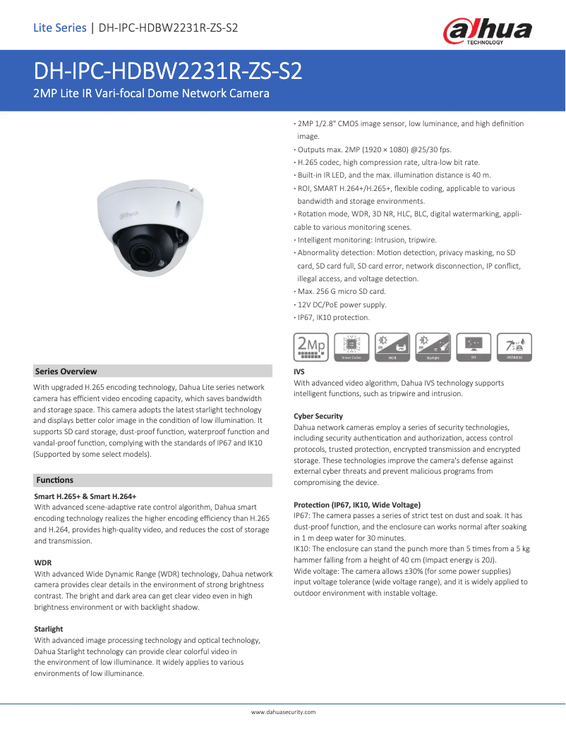 Page 1 de la notice Fiche technique Dahua Technology IPC-HDBW2231R-ZS-S2