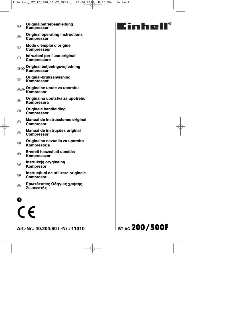 Page 1 de la notice Mode d'emploi Einhell BT-AC 200/50 OF