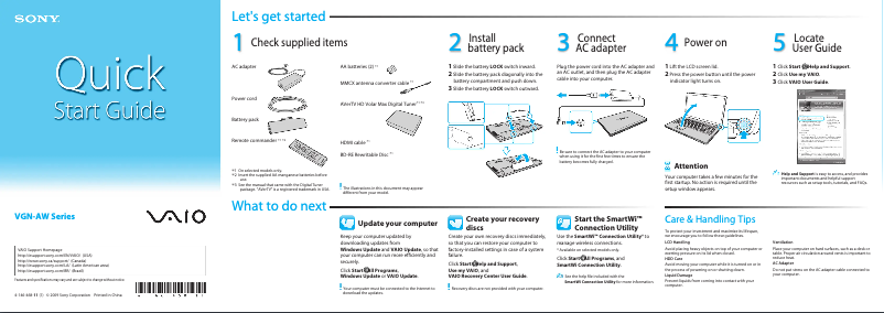 Page n°1 - Guide d'installation Sony Vaio VGN-AW390