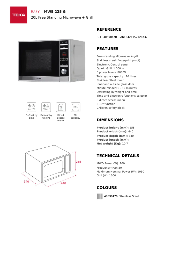Page n°1 - Fiche technique Teka MWE 225 G