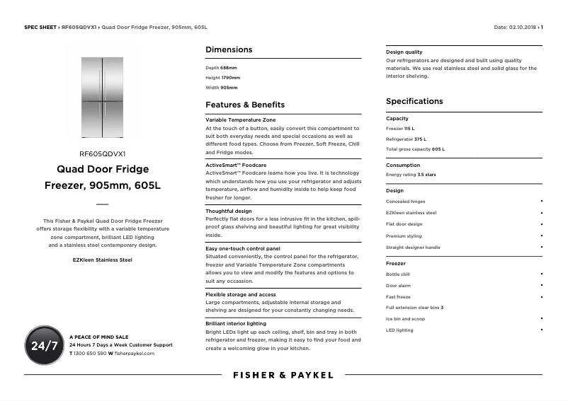 Página 1 del manual Ficha técnica Fisher & Paykel RF605QDVX1