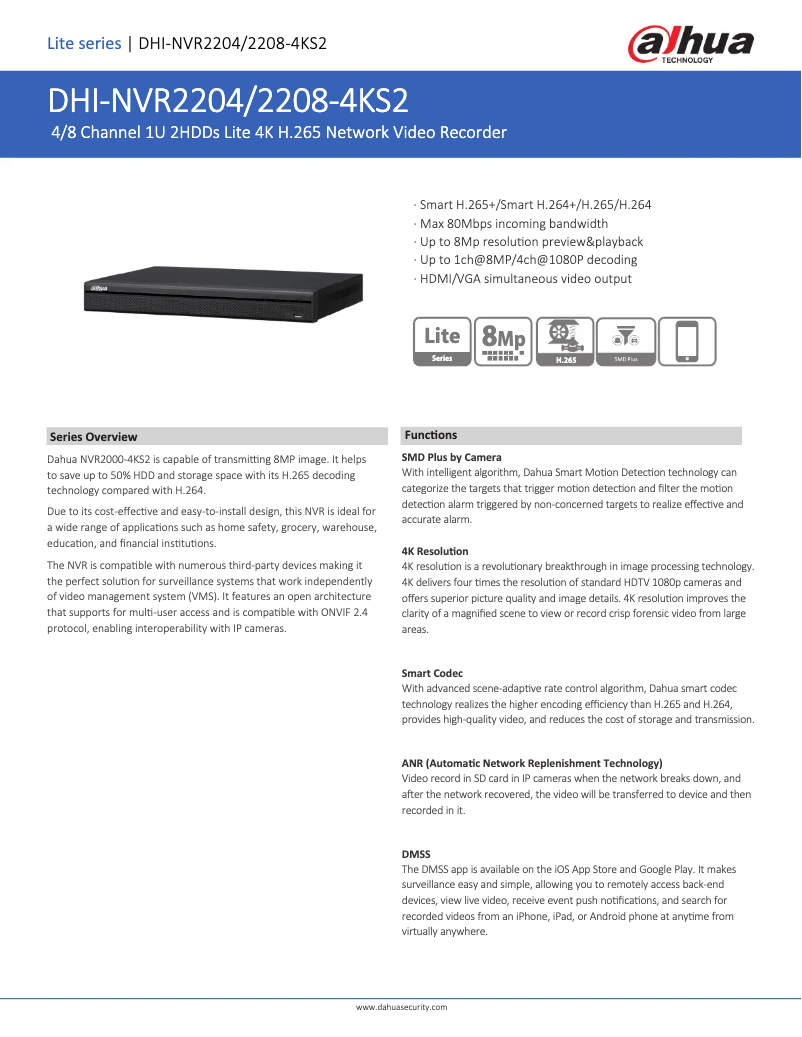 Page n°1 - Fiche technique Dahua Technology NVR2204/2208-4KS2