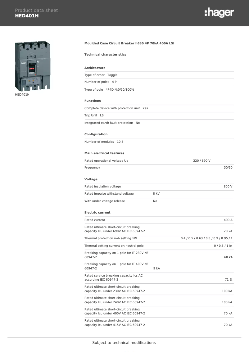 Page 1 de la notice Fiche technique Hager HED401H