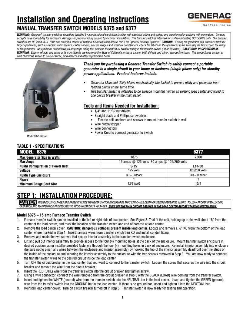 Page n°1 - Manuel utilisateur Generac G0063771