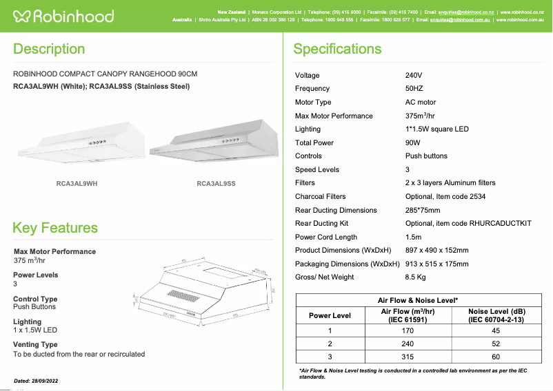 Page n°1 - Fiche technique Robinhood RCA3AL9WH