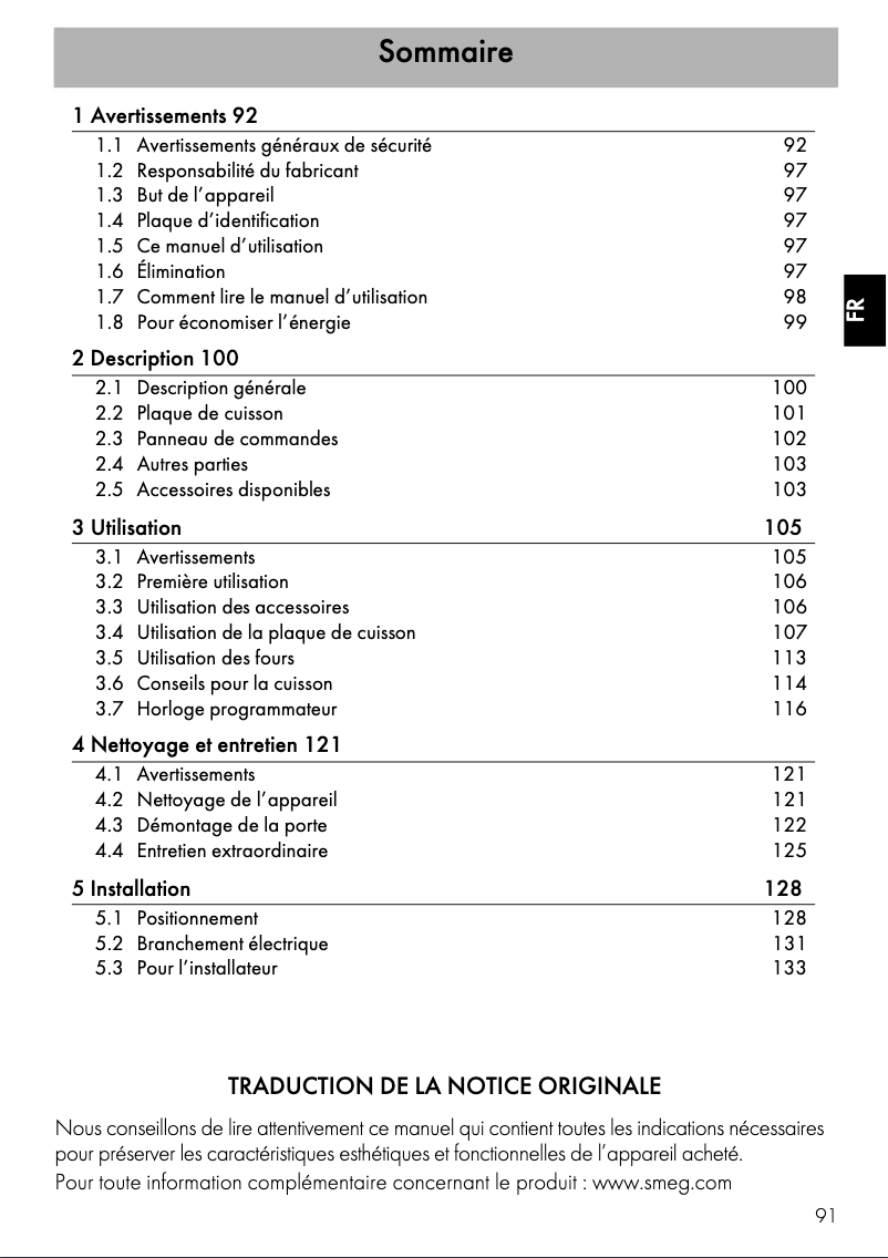 Page 1 de la notice Fiche technique Smeg TR62IP2