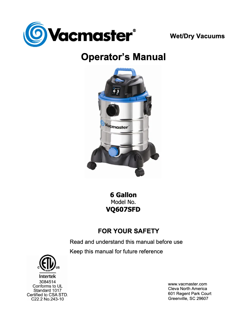 Page n°1 - Manuel utilisateur Vacmaster VQ607SFD