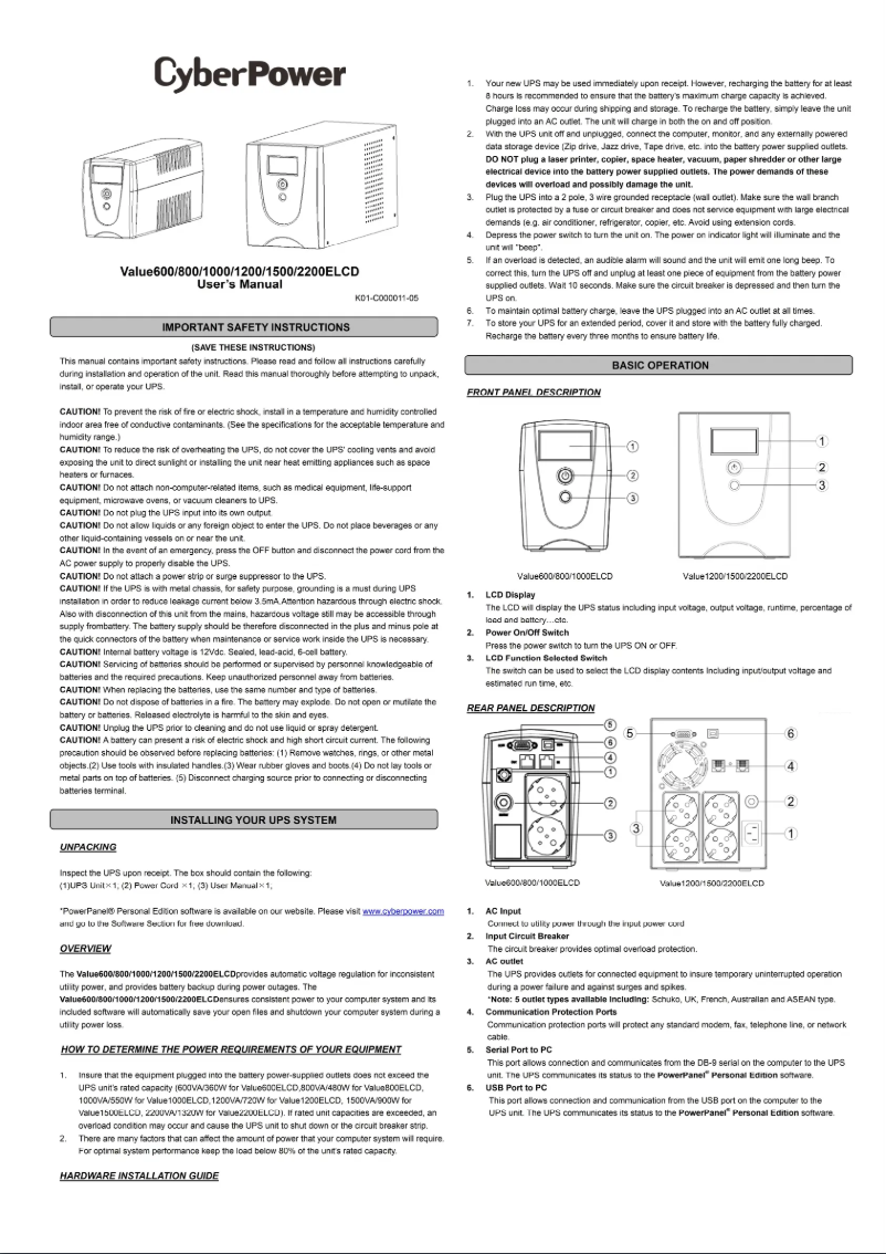Page 1 de la notice Manuel utilisateur CyberPower Value2200ELCD
