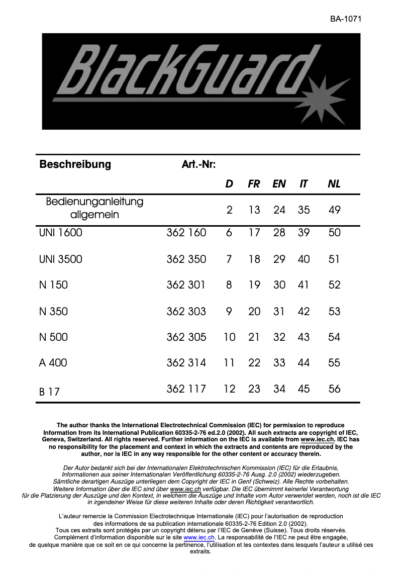 Page 1 de la notice Manuel utilisateur BlackGuard B 17