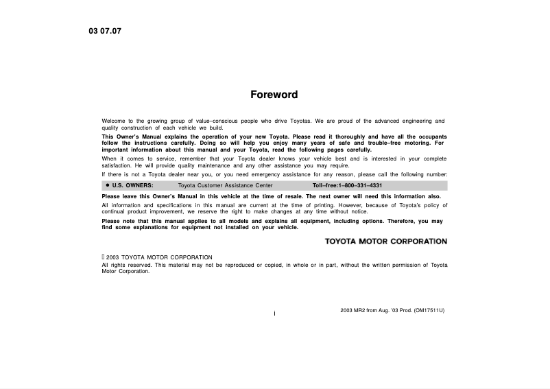 Page 1 de la notice Manuel utilisateur Toyota MR2 Spyder (2003)