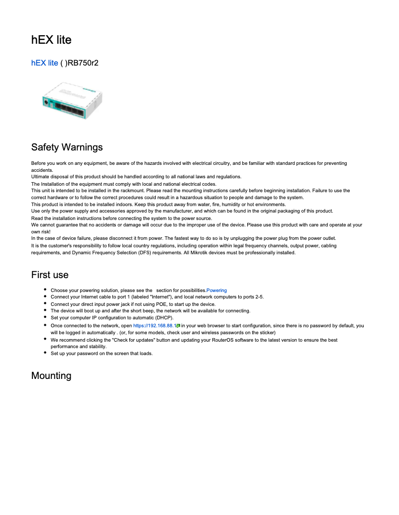 Page 1 de la notice Manuel utilisateur Mikrotik hEX lite