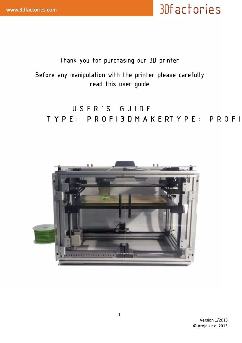Page n°1 - Manuel utilisateur 3Dfactories Profi3Dmaker