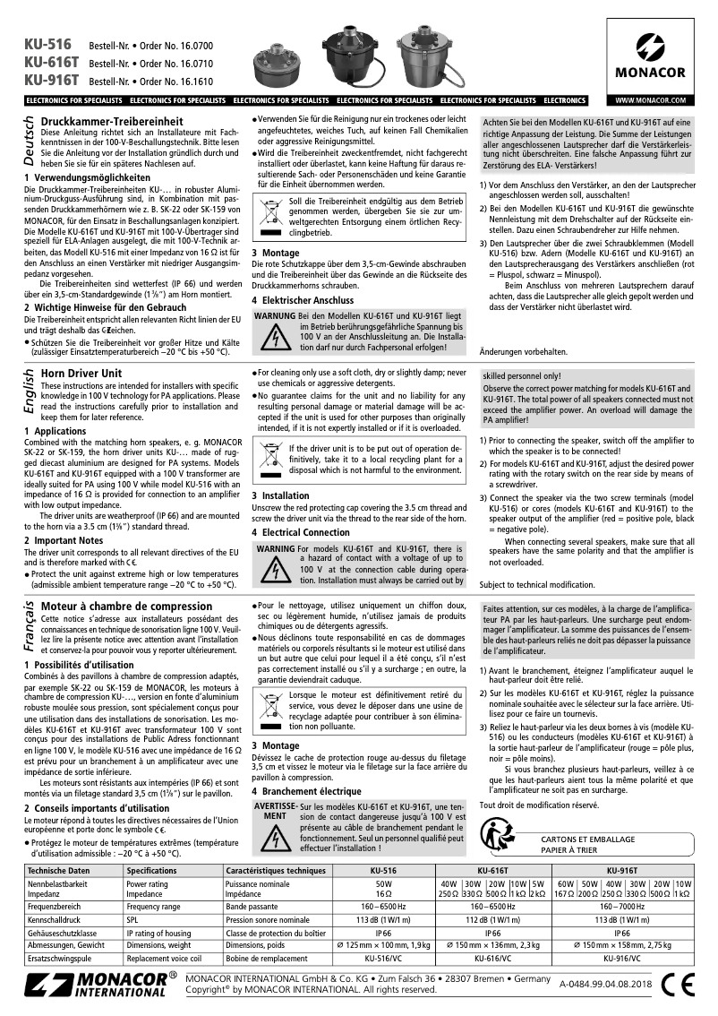 Page 1 de la notice Manuel utilisateur Monacor KU-616T
