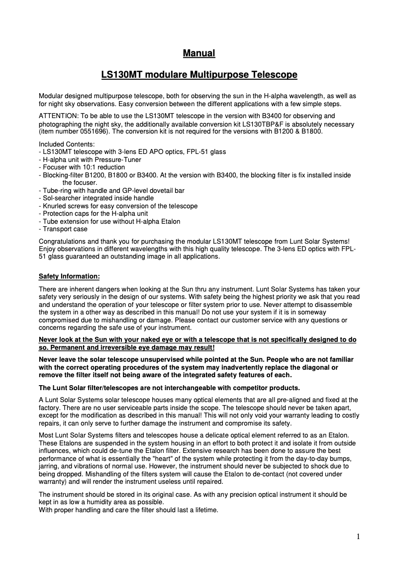 Page n°1 - Manuel utilisateur Lunt Solar Systems LS130MT