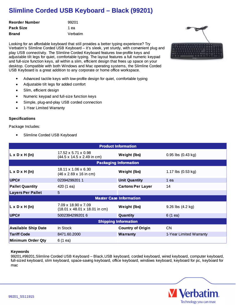 Page n°1 - Manuel utilisateur Verbatim Slimline Corded USB 99201