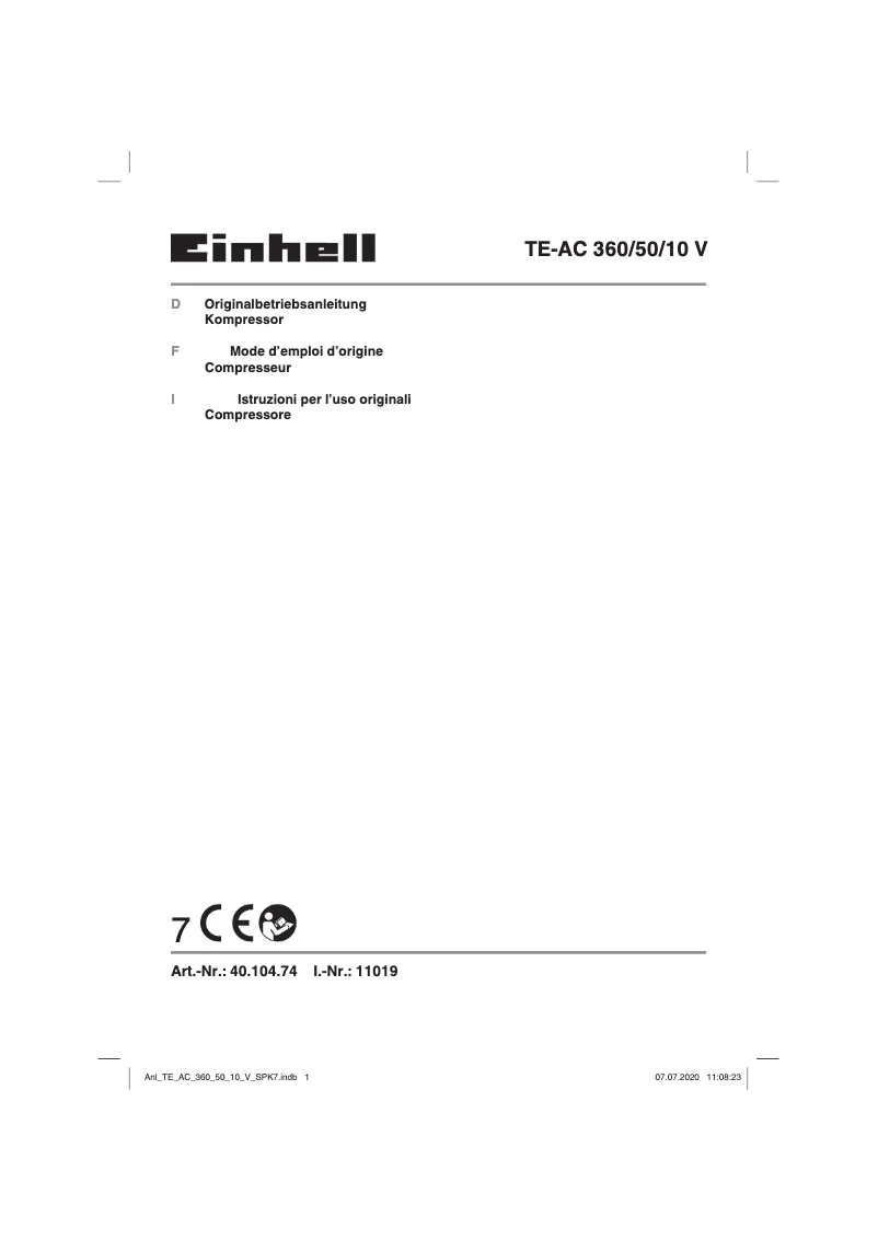 Page 1 de la notice Manuel utilisateur Einhell TE-AC 360/50/10 V