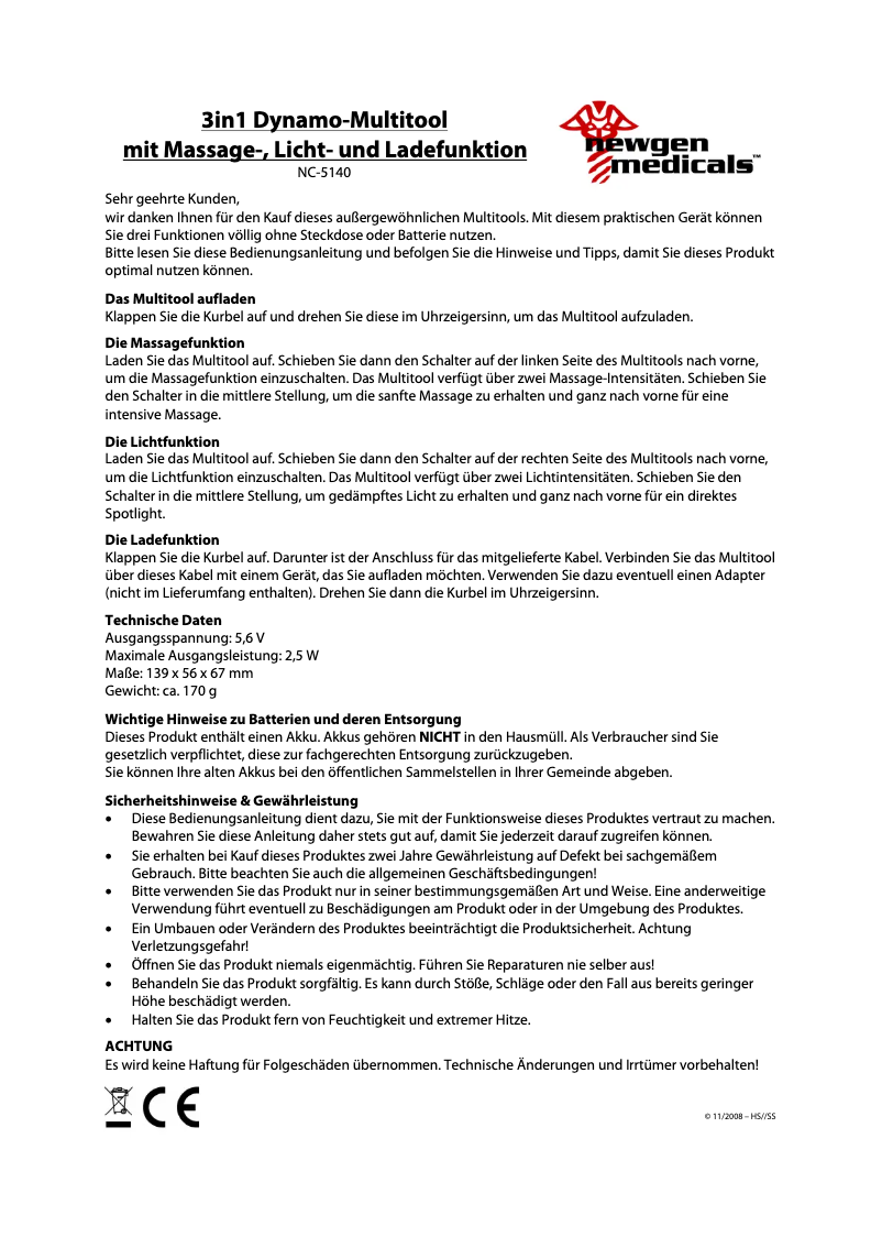 Page 1 de la notice Manuel utilisateur Newgen Medicals NC-5140