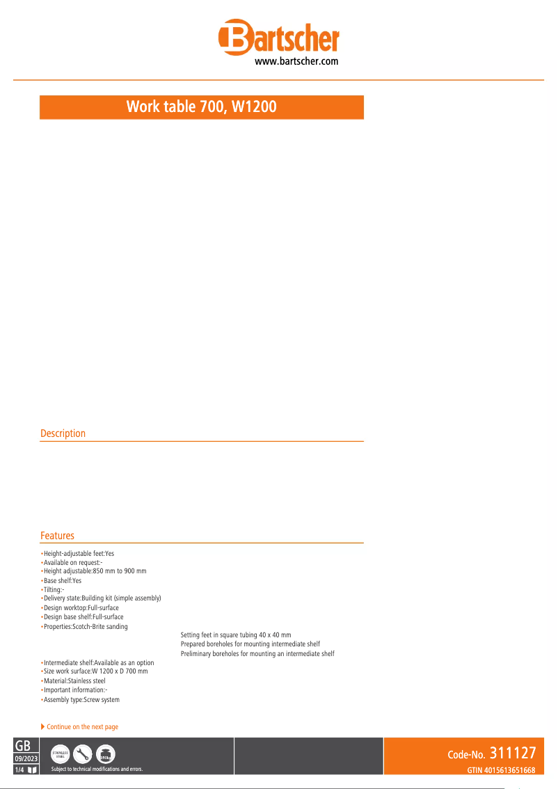 Página 1 del manual Ficha técnica Bartscher 258120