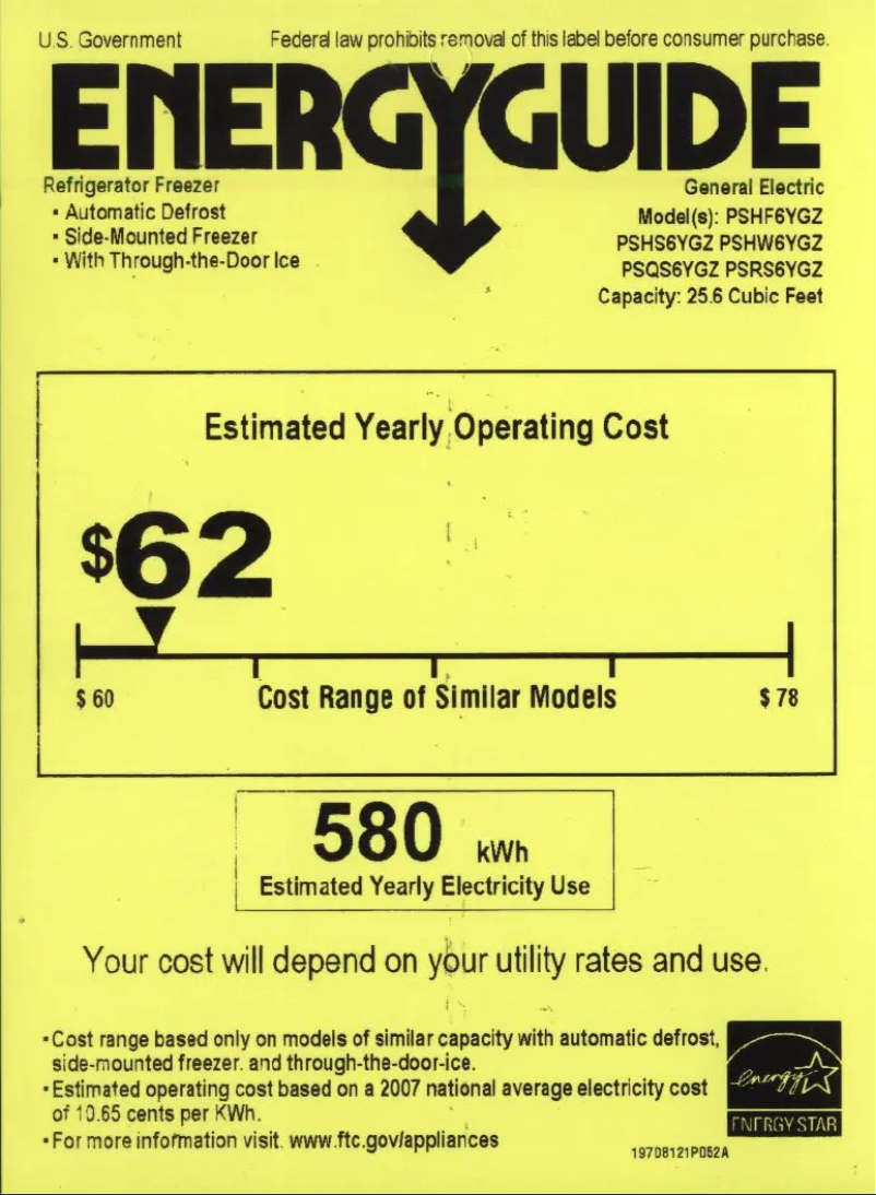Page 1 de la notice Label énergétique GE PSHF6YGZWW