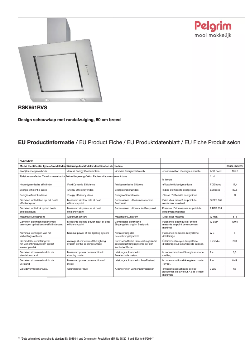 Page 1 de la notice Fiche technique Pelgrim RSK861RVS