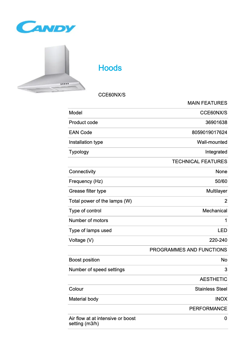Page 1 de la notice Fiche technique Candy CCE60NX/S