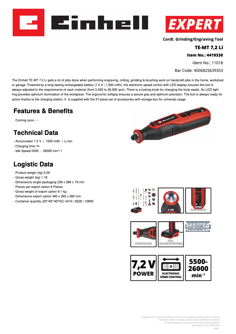 Page 1 de la notice Fiche technique Einhell TE-MT 7,2 Li