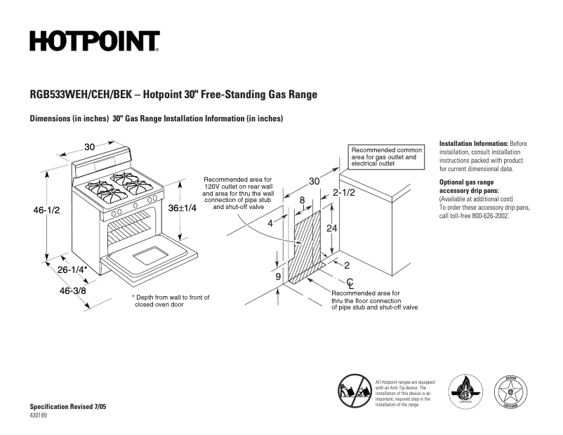 Page 1 de la notice Fiche technique Hotpoint RGB533WEHWW
