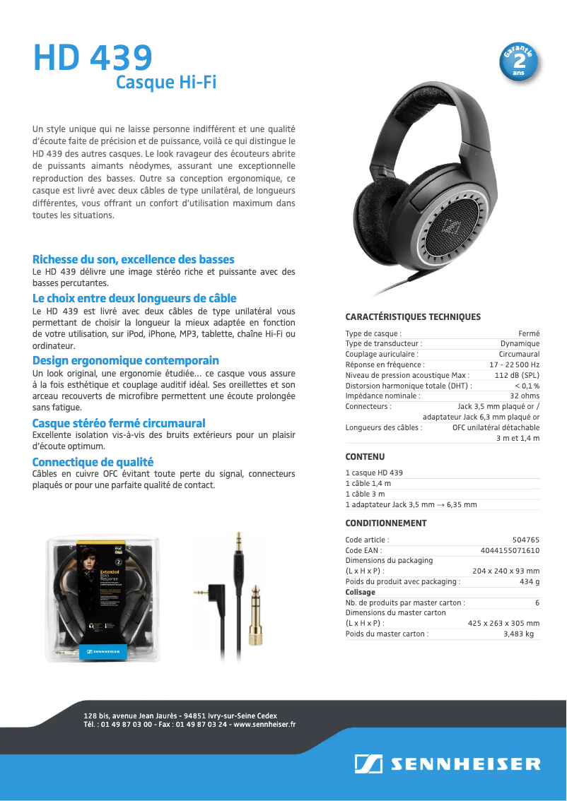 Page 1 de la notice Fiche technique Sennheiser HD 439