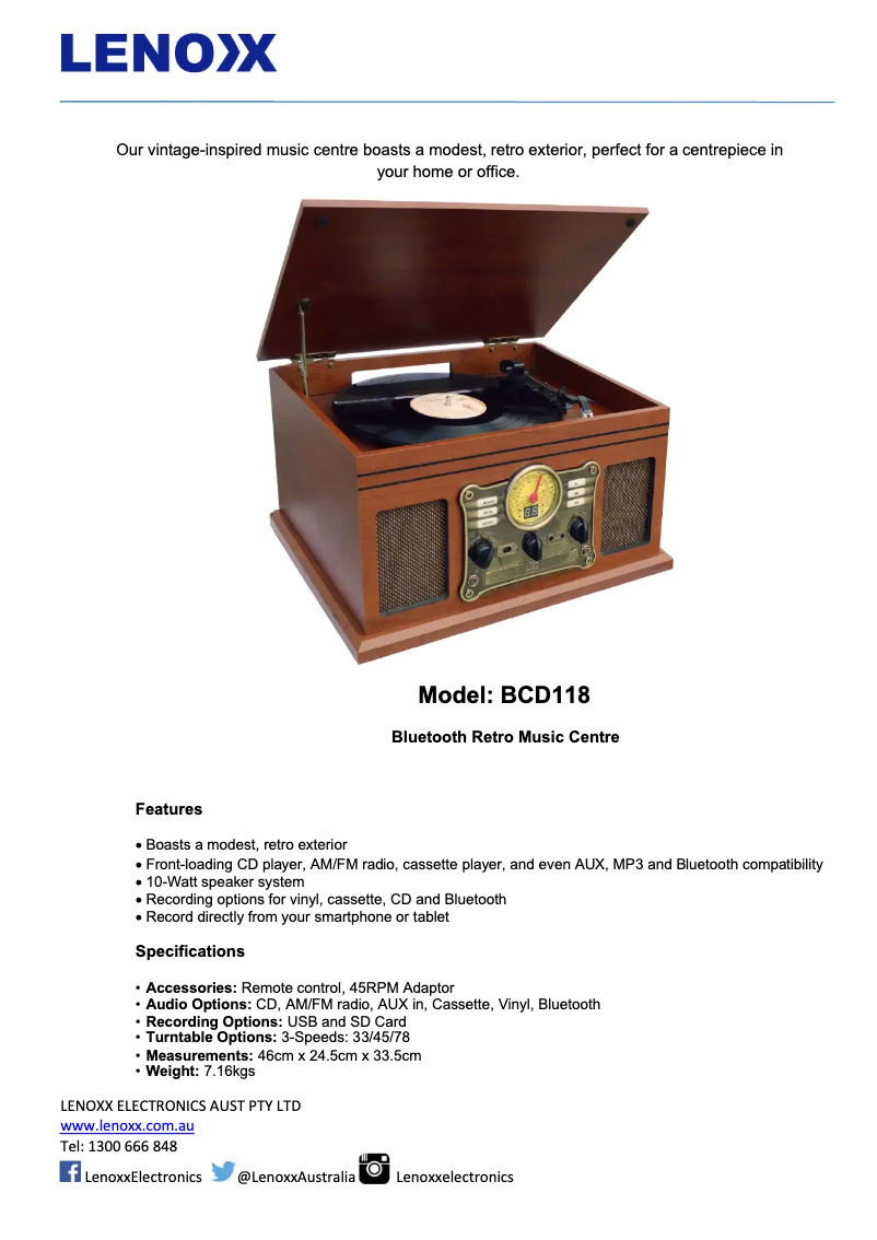 Page 1 de la notice Fiche technique Lenoxx BCD118