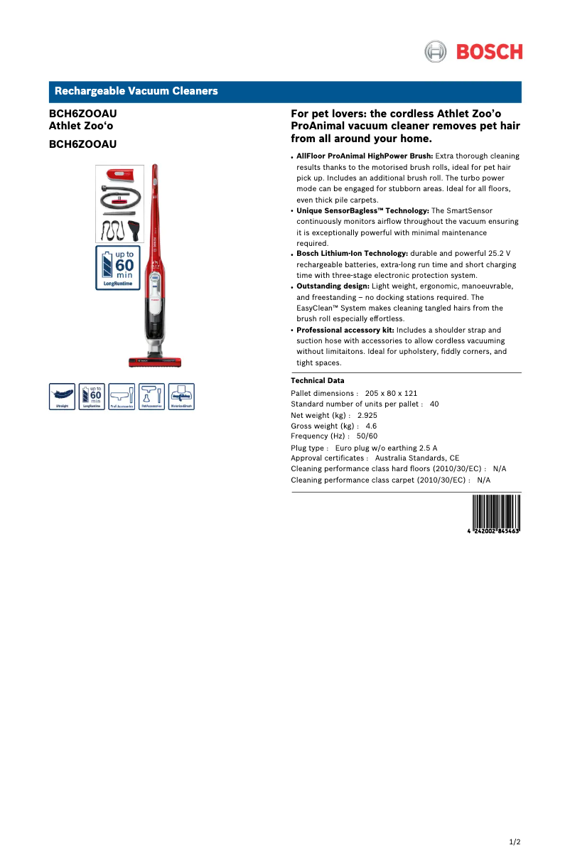 Page 1 de la notice Fiche technique Bosch Athlet Zoo'o ProAnimal BCH6ZOOAU
