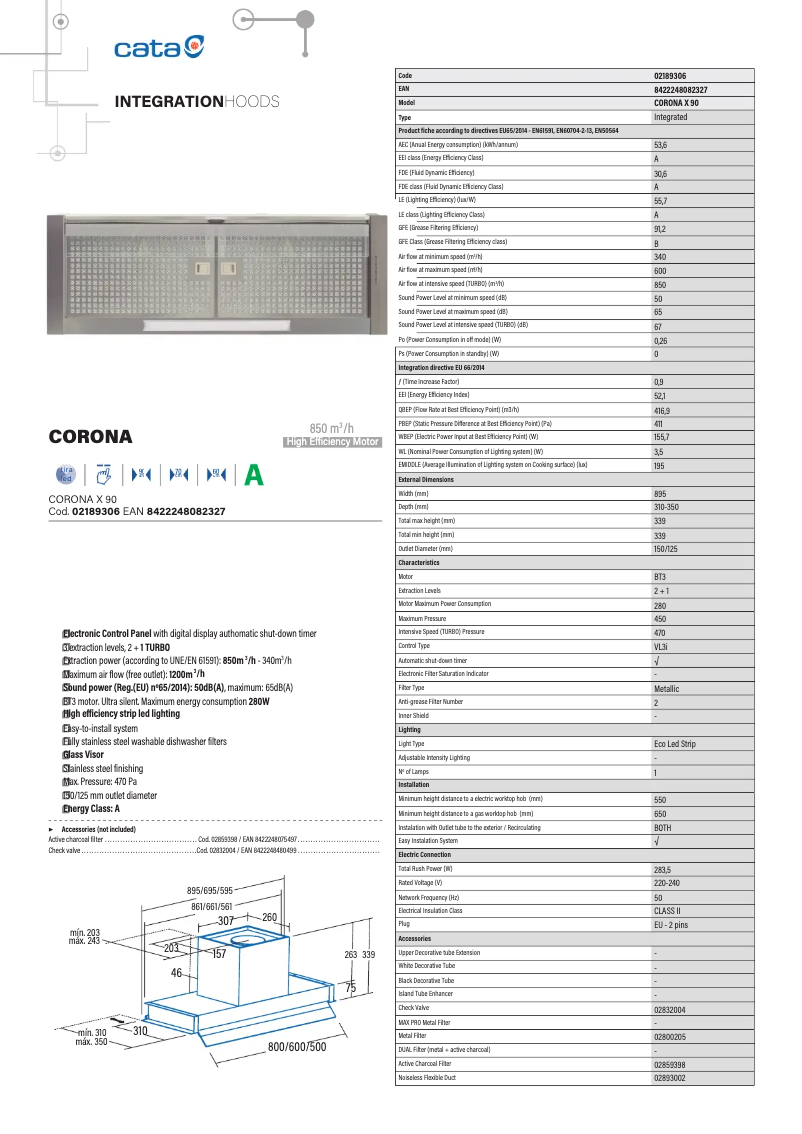 Page 1 de la notice Fiche technique CATA CORONA
