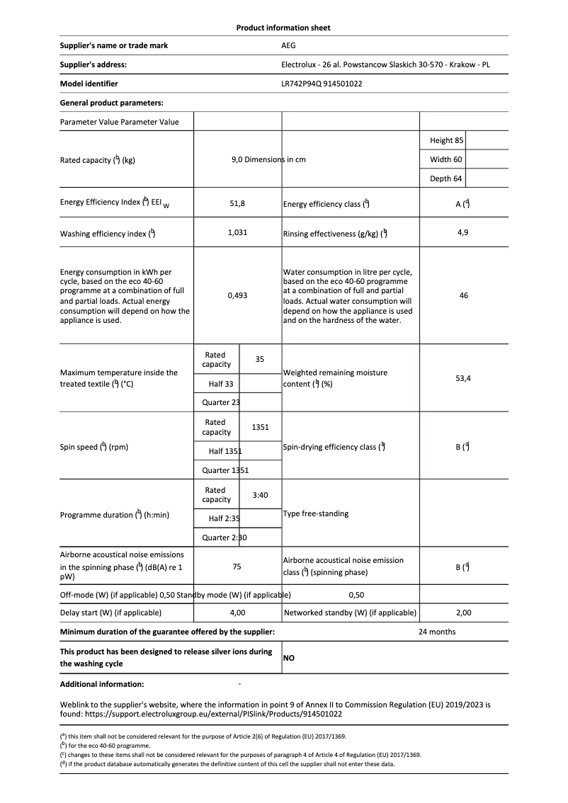 Page n°1 - Fiche technique AEG LR742P94Q