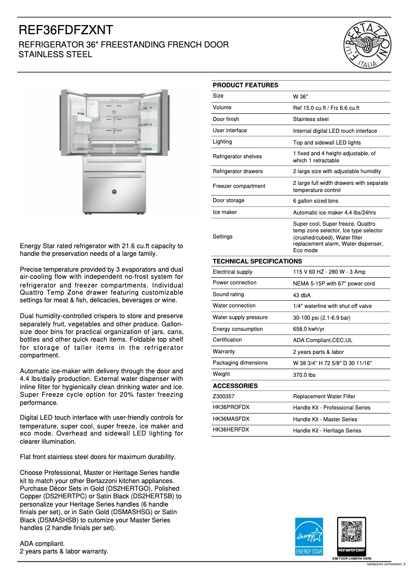 Page 1 de la notice Fiche technique Bertazzoni REF36FDFZXNT