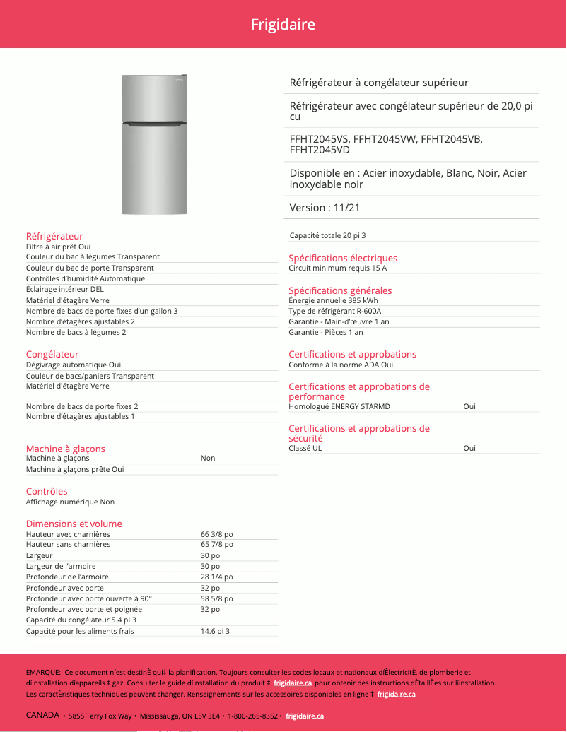 Page n°1 - Fiche technique Frigidaire FFHT2045VB