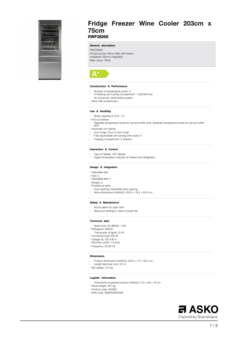 Page 1 de la notice Fiche technique Asko RWF2826S